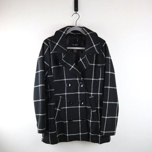 Me Jane Jackets & Blazers - Me Jane Black & White Plaid Windowpane Pea Coat L